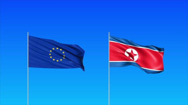 European Union and North Korea Flags Animation Loop, Waving National Flags Background