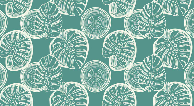 Monstera leaves and wood slices seamless pattern
