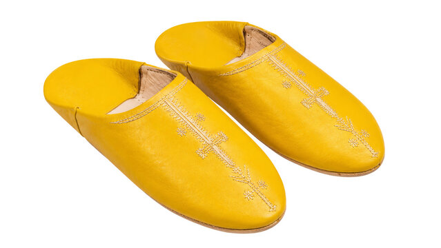 Traditional Moroccan Yellow Leather Babouche Slippers Isolated 