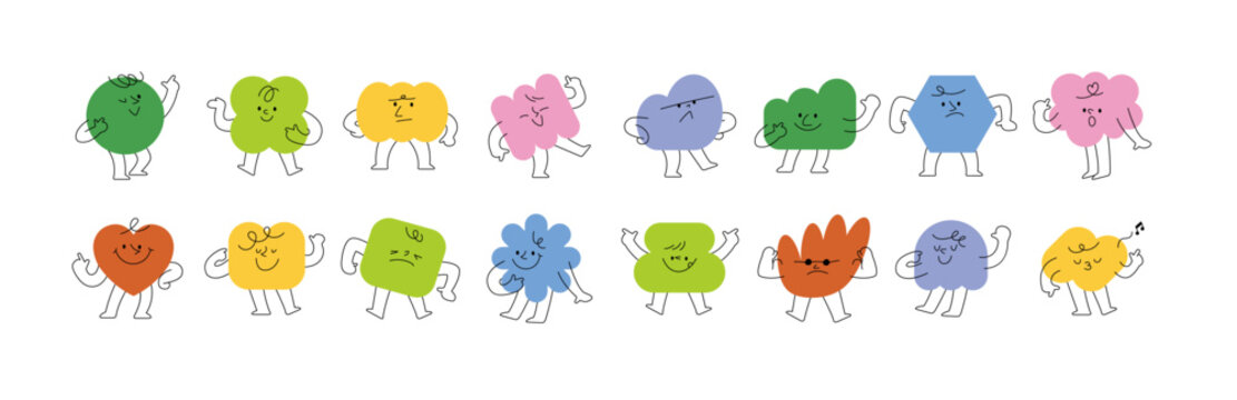 characters set. abstract shapes with a variety faces, emotions and expressions. Comic emoji in cartoon  Flat vector illustrations isolated on white backgroun
