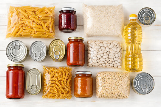 Non-perishable food collection for donation, canned goods and dry pantry staples, emergency food supply with pasta and grains isolated on White Background ai