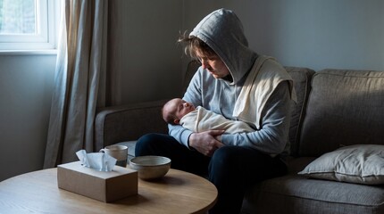 Fototapeta premium Sleep deprived parent soothing infant beside sofa in soft morning light