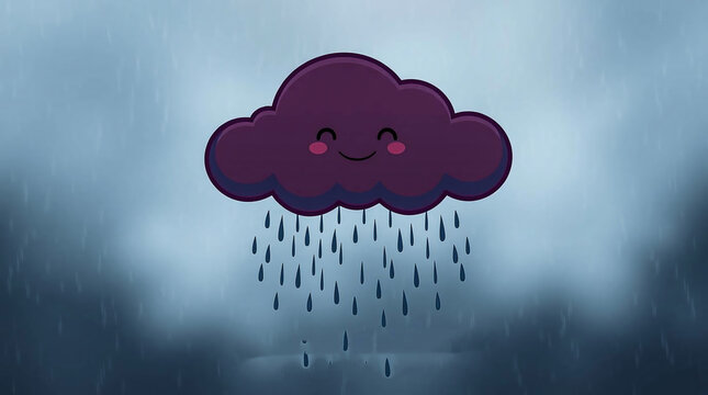 A cute, smiling dark purple cartoon raincloud pouring down droplets against a misty, overcast background. Perfect for playful weather themes, charming children's designs, and moody yet adorable
