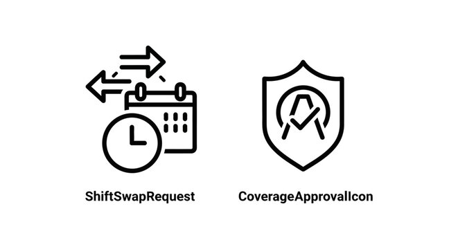 Shift swap request and coverage approval icons in flat line style with coverage approval calendar business schedule management planning rotation interface graphical application