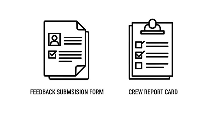 Feedback submission form and crew report card icons with feedback checklist document submission business management evaluation questionnaire template administration personnel