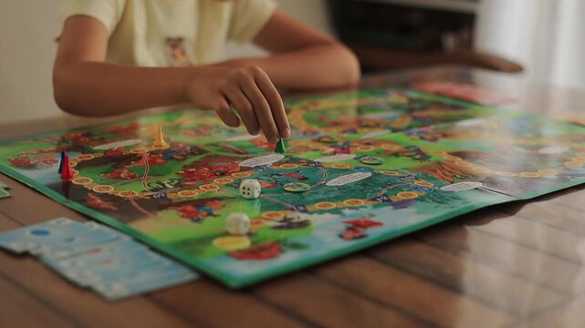 Child's hand moving game pieces on a board game