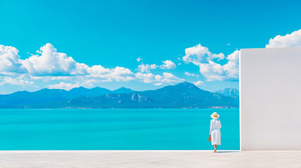 Fototapeta premium Lone Woman Wearing White Dress and Straw Hat Stands on Minimalist Balcony Looking Over Bright Turquoise Mediterranean Sea Towards Distant Mountains on Sunny Summer Day