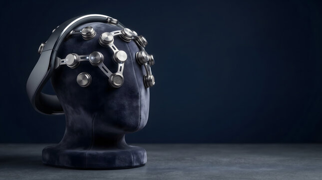 Futuristic brain-computer interface device on a mannequin head, showcasing advanced neurotechnology for scientific research and mind-machine communication