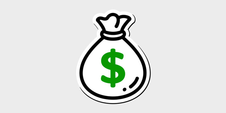 Money bag with green dollar sign on white background with black outline