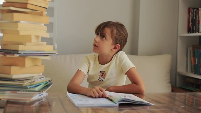 Schoolgirl doing homework with a tall stack of books at home