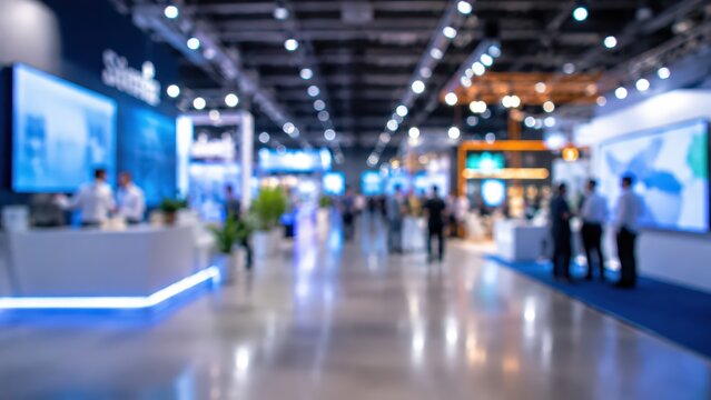 blurred abstract background of modern trade show booths in a large exhibition hall, professional business networking event atmosphere with soft bokeh lighting.