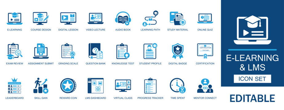E-learning and lms icon set. Featuring online course design, digital lesson, quiz, video lecture, progress tracker, student profile, and certification symbols.