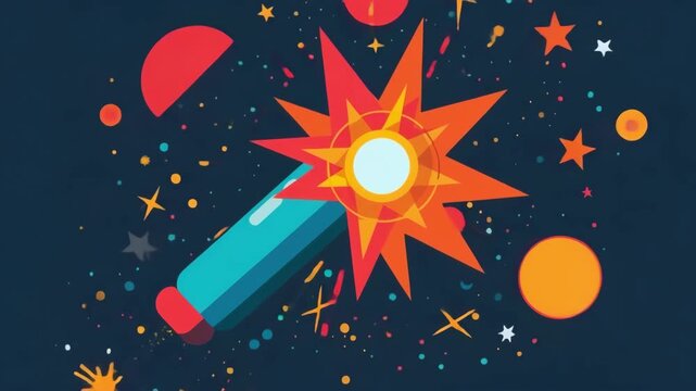 Flat illustration of a pencil bursting into a colorful star explosion with confetti, creative energy, playful design idea, education concept.