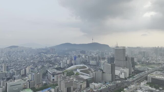 Aerial Drone View of Jongno Cityscape near Dongmyo Station and DDP Dongdaemun Design Plaza in Seoul, South Korea