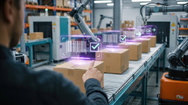Warehouse automation with barcode scanning and robotic arms sorting parcels on a conveyor. Smart logistics technology for shipping, delivery and inventory tracking in a modern distribution