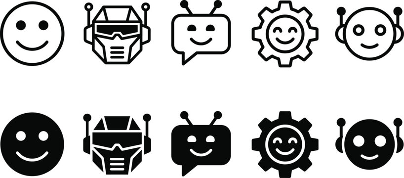 Set of ten vector icons showing various friendly robot faces and modern mechanical symbols.