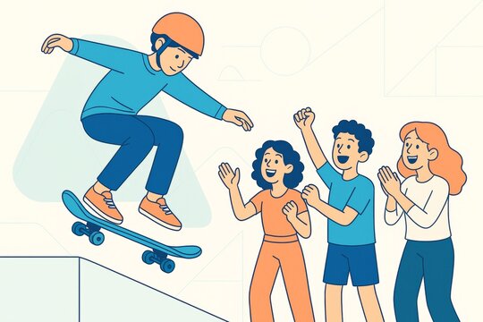 Group of cheerful people watching a boy skateboarding in mid-air on a ramp with abstract light background and supportive expressions. Ai generative
