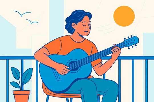 Person playing acoustic guitar on balcony during sunny day with calm expression, colorful flat style illustration expressing peaceful moment. Ai generative
