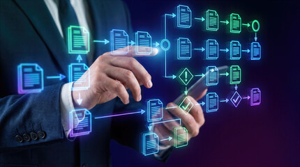 Obraz premium Document management and workflow automation system for business processes. Businessman using a tablet to organize digital files, records, and data through electronic paperless flowchart