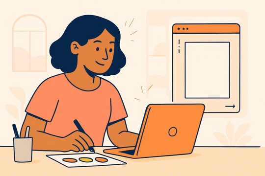 Woman working on laptop and drawing color palette at desk with browser window interface on background in flat illustration style concept.. Ai generative