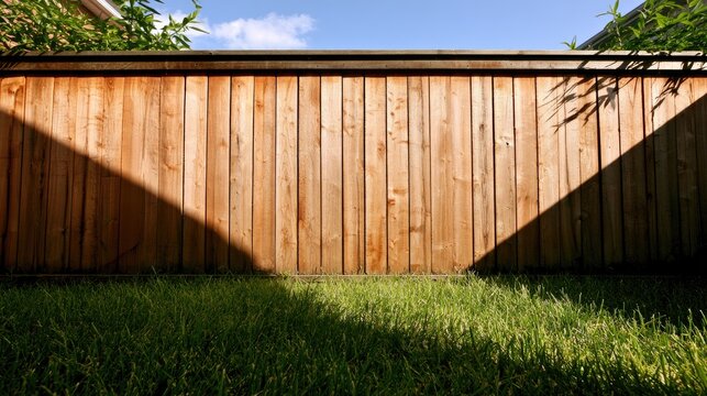 Sunlit wooden fence casting shadows on green grass