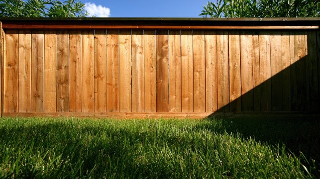 Natural wood fence with green grass and shadow patterns