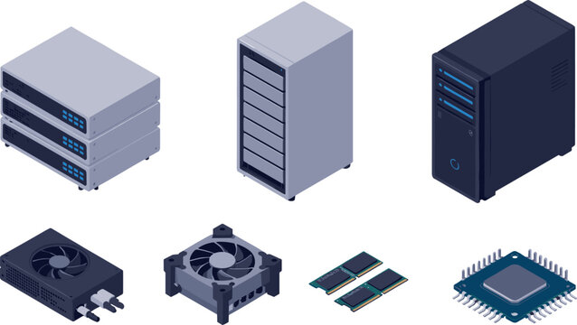 Isometric computer hardware and server vector set featuring database racks, desktop PC tower, cooling fans, RAM, and microprocessor