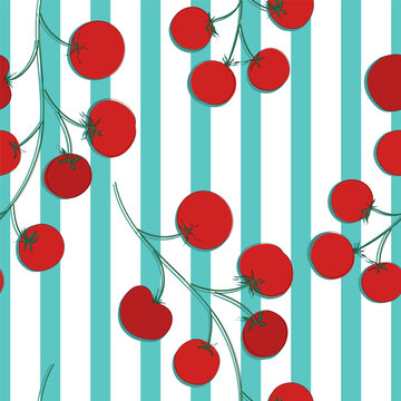 Seamless pattern with tomatoes in blue striped background