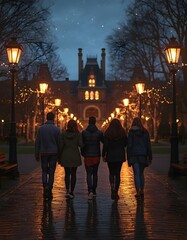 Obraz premium Group of friends walking on wet path towards historic building at night