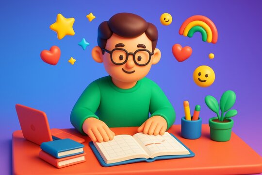 Cheerful cartoon student reading a book with happy emojis, rainbow, and stars on a colorful study desk in a vibrant blue-purple background. Ai generative