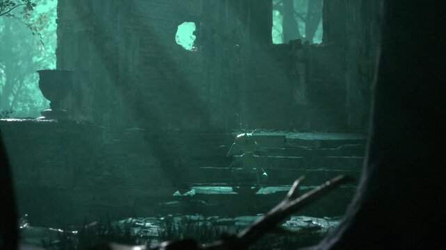 Tight dolly shot of a mystical woodland scene at night with a ruined church and cemetary, revealing a crouching mythical woodland imp, or pixie, who looks around and stands up