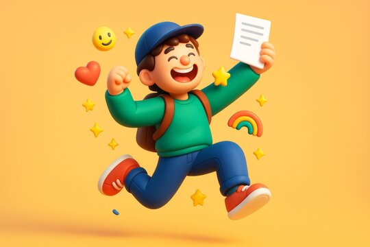 Happy cartoon boy jumping with joy holding paper and backpack, surrounded by stars, heart, rainbow and smiling emoji on orange background. Ai generative
