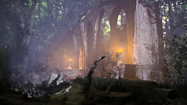 Slow translating shot of a mystical woodland scene of a ruined church and cemetary, with burning braziers, ready for a sinister or pagan ritual, with deer skull in foreground