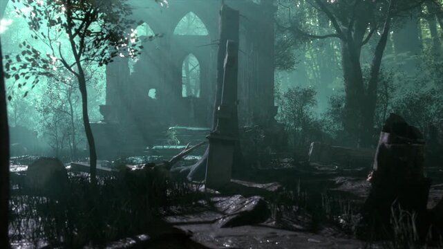 Dolly shot of a mystical woodland scene at night with a ruined church and cemetary, revealing a crouching mythical woodland imp, or pixie, who looks around and stands up