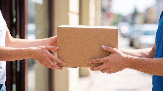 Courier delivers a cardboard parcel to a customer at the doorstep. Package handover for a delivery service. Online shopping order received at home from a shipping and mail postal carrier.