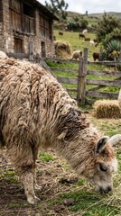Fototapeta premium Llama grazing on pasture near rustic barn. Traditional agribusiness landscape with livestock roaming in the background field.