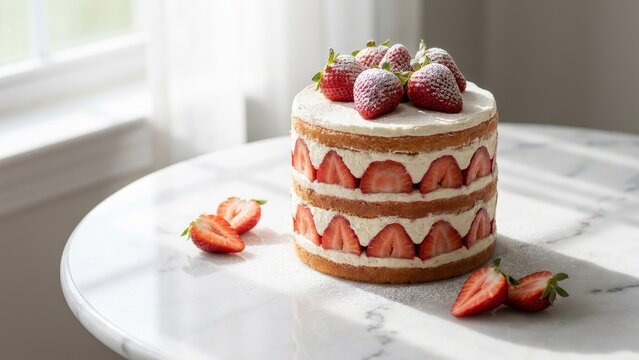 Dessert - Elegant Naked Strawberry Layer Cake with Fresh Sliced Strawberries and Whipped Cream on Marble Table