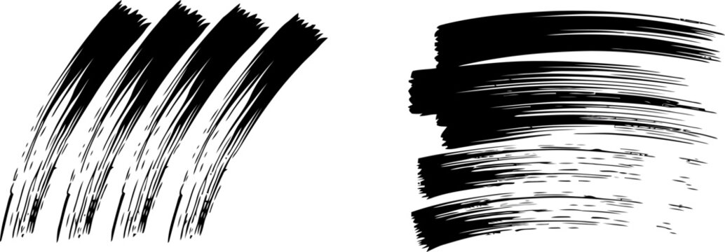 Two black ink brush stroke one with parallel lines and the other with textured strokes white