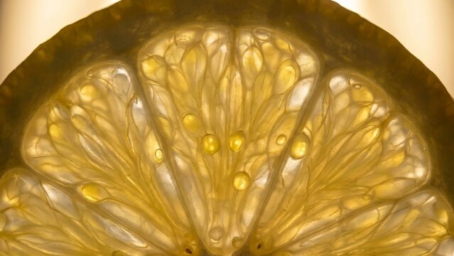 Food - Extreme Closeup of Backlit Lemon Slice Revealing Translucent Juice Sacs and Seeds in Golden Yellow
