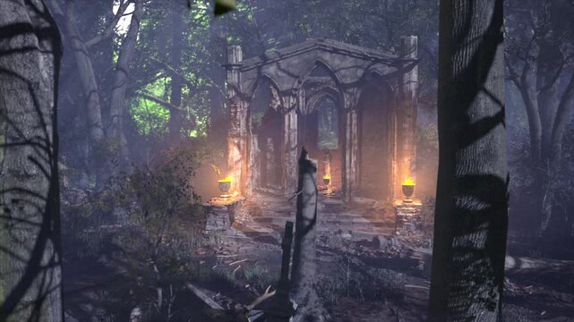 Rapid rising crane shot of a mystical woodland scene of a ruined church and cemetary, with burning braziers, ready for a sinister or pagan ritual