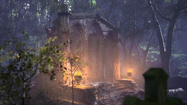 Slow rising crane shot of a mystical woodland scene of a ruined church and cemetary, with burning braziers, ready for a sinister or pagan ritual