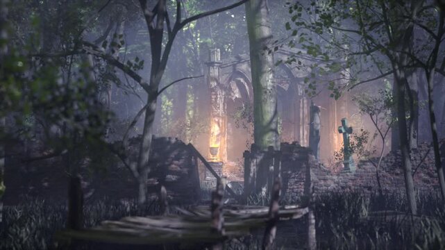 Tighter slow translating long shot over a marsh and an old collapsed boardwalk to a mystical woodland scene of a ruined church and cemetary, with burning braziers, ready for a sinister or pagan ritual