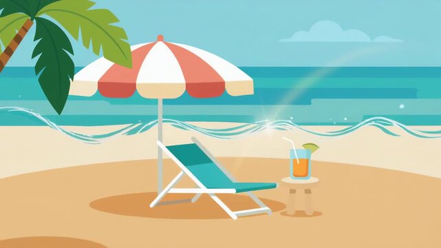 Animated tropical beach scene with a chair, umbrella, and sparkling light effect
