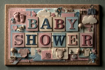 Obraz premium Colorful Scrapbook Collage for Baby Shower Celebration Displaying Cute Letters and Adorable Decorations