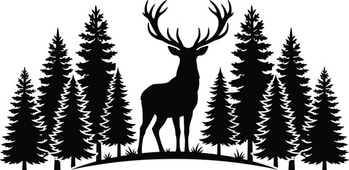 Majestic deer standing in pine forest, dark silhouette against white background, nature scene. © Aposh003