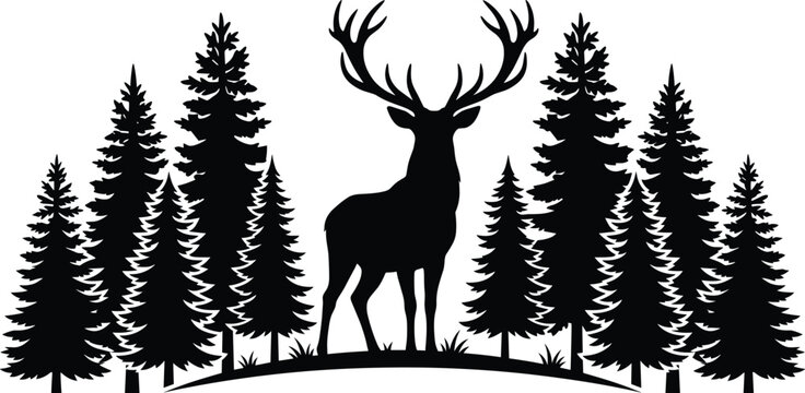 Majestic deer standing in pine forest, dark silhouette against white background, nature scene.