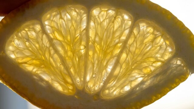 Food - Translucent Lemon Slice Held Up to Light Revealing Glowing Yellow Citrus Segments and Juice Sacs