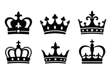 Set of various royal crowns and tiara silhouettes in black and white with silhouette monarchy heraldic medieval imperial ornament achievement leadership authority collection © Romzain