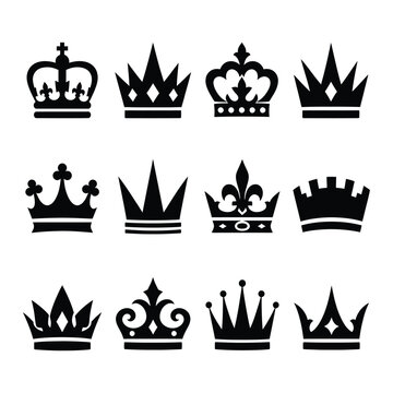 Collection of various royal crown icons with monarchy silhouette ornament collection isolated background medieval lordship authority leadership majestic heraldry elements