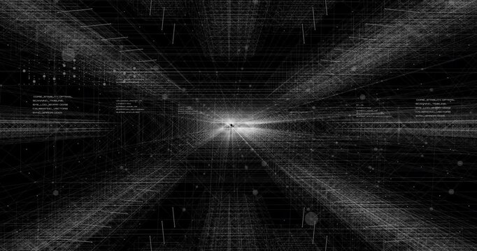 High-tech cyberpunk grid corridor displaying data processing, network communication infrastructure, and artificial intelligence mainframe animation.
